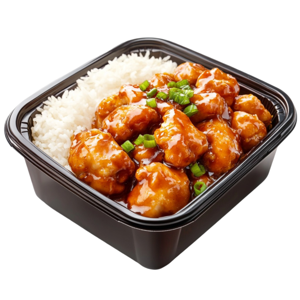 Black Takeout Box with Chinese Food and Green Onions on Transparent Background png