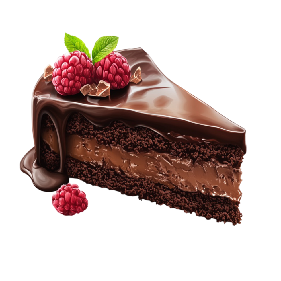 A piece of chocolate cake with raspberries on transparent background png