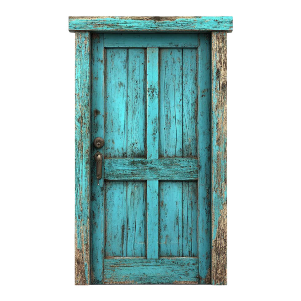 Rustic Wooden Door with Weathered Turquoise Paint on Transparent Background png