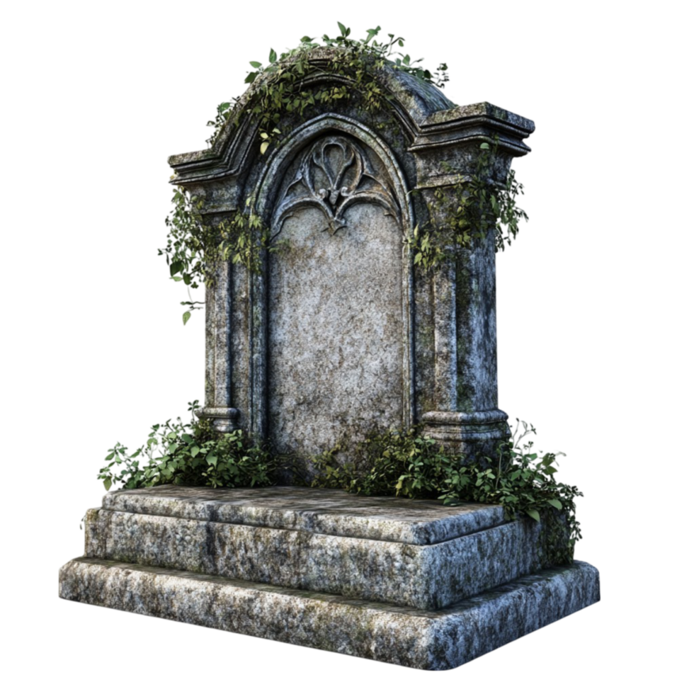Gothic Tombstone with Intricate Vine and Flower Design on Transparent Background png