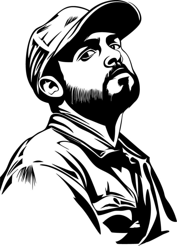 Illustration Confident Man Wearing Hat Black and White Portrait vector
