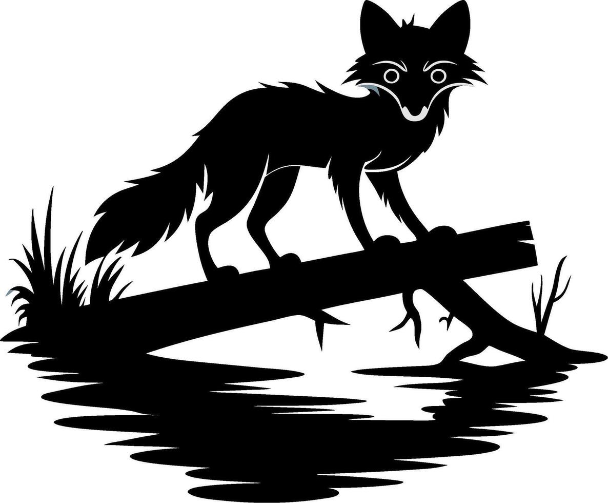 Silhouette Fox on Log over Water Art for Nature Illustrations and Designs vector