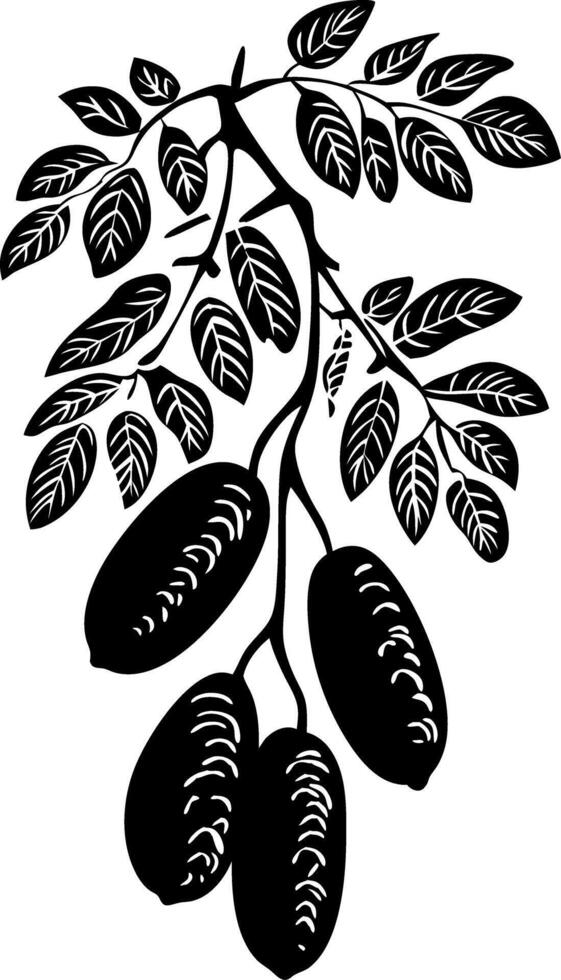Black Silhouette Branch with Leaves and Pods Botanical Illustration Art vector