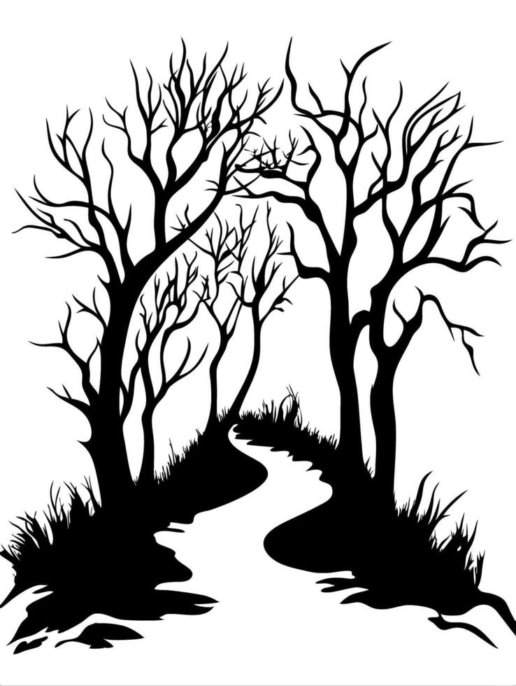 Dark Spooky Forest Silhouette Illustrative Art for Halloween Decor vector