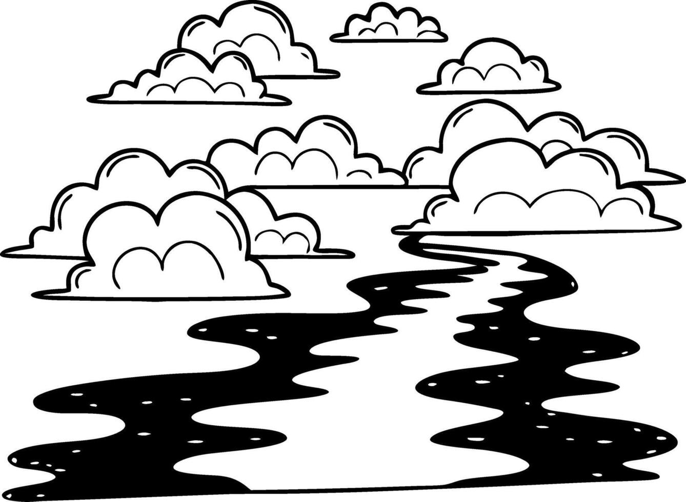 Serene River Flowing Under Cloudy Sky Black and White Illustration vector