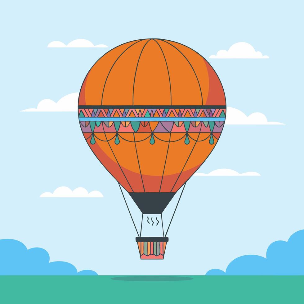 Bright Orange Hot Air Balloon with Patterns in Blue Sky Illustration vector