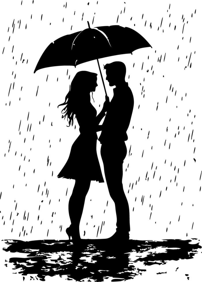Romantic Couple Silhouette Embracing Under Umbrella in Rainy Scene Art vector