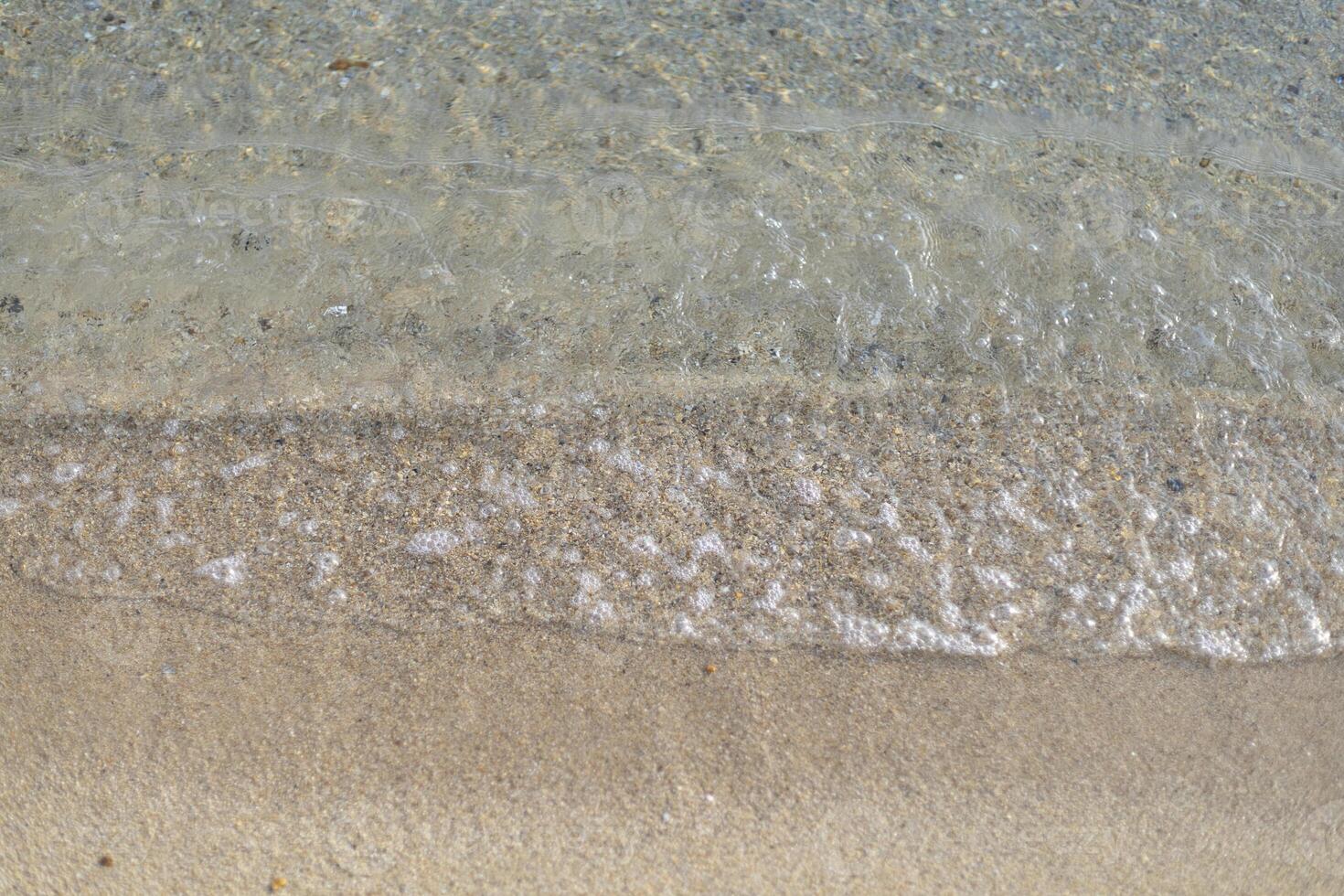 light foam of a sea wave on a sandy shore, top view photo
