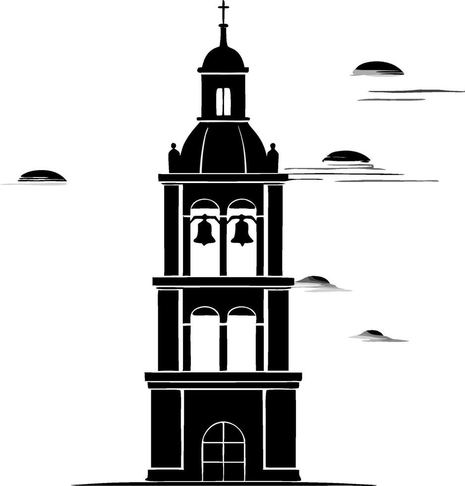 Church Bell Tower Silhouette with Bells and Clouds Art vector