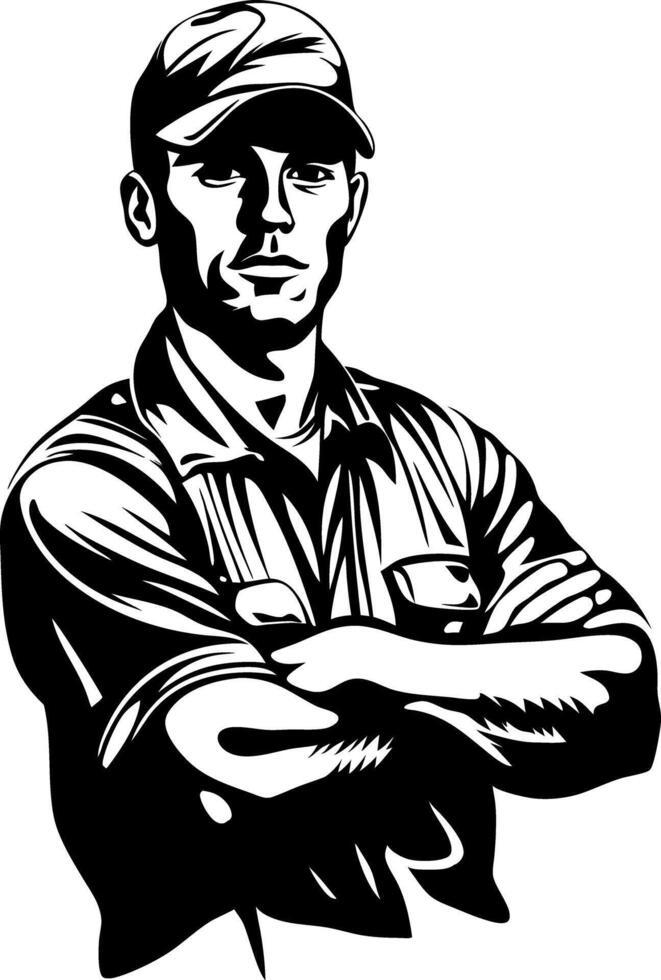 Confident Male Worker in Cap Crossed Arms Illustration vector