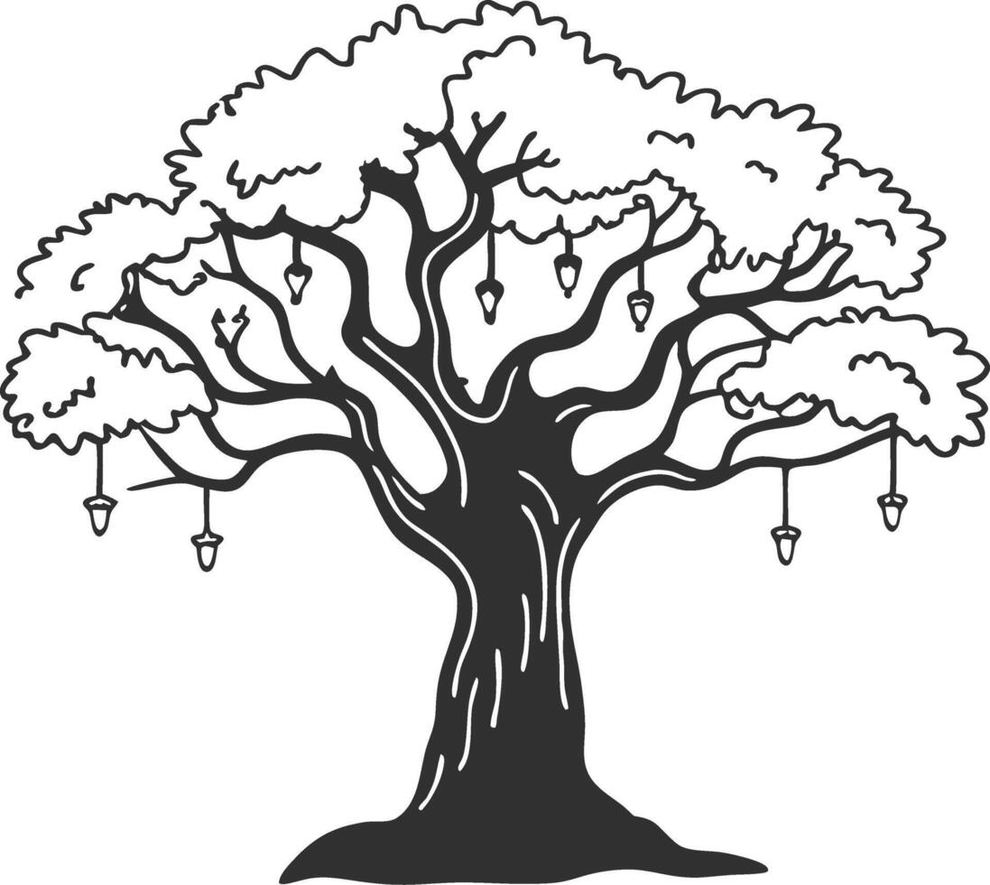 Majestic Oak Tree Silhouette with Hanging Lanterns Ideal for Tattoos or Wall Art vector