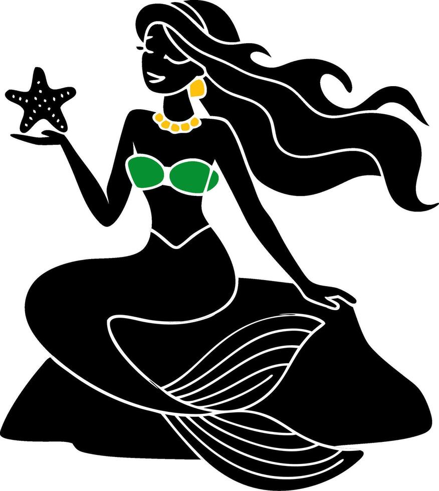 Beautiful Mermaid Holding Starfish Silhouette Illustration vector