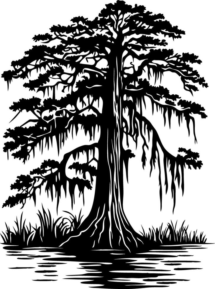 Majestic Cypress Tree Silhouette with Spanish Moss by Tranquil Water in Art vector