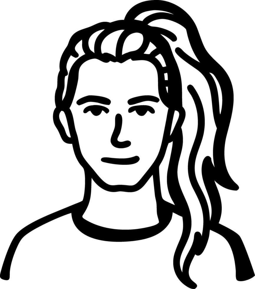 Black and White Illustration of Person with Long Ponytail Hairstyle vector