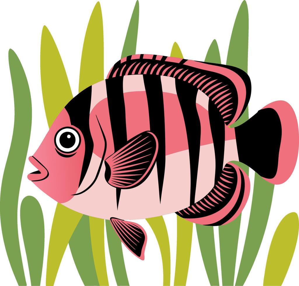 Colorful Striped Tropical Fish Illustration with Seaweed vector