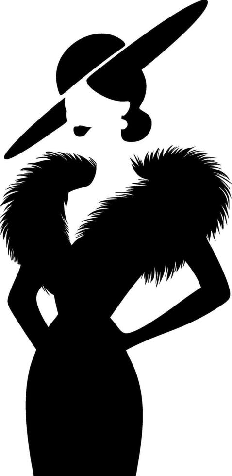 Elegant Retro Fashion Silhouette Woman in Hat and Fur Stole Art vector