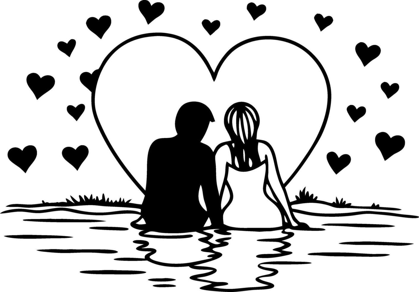 Romantic Couple Silhouette by Lake with Heart Shapes Art vector