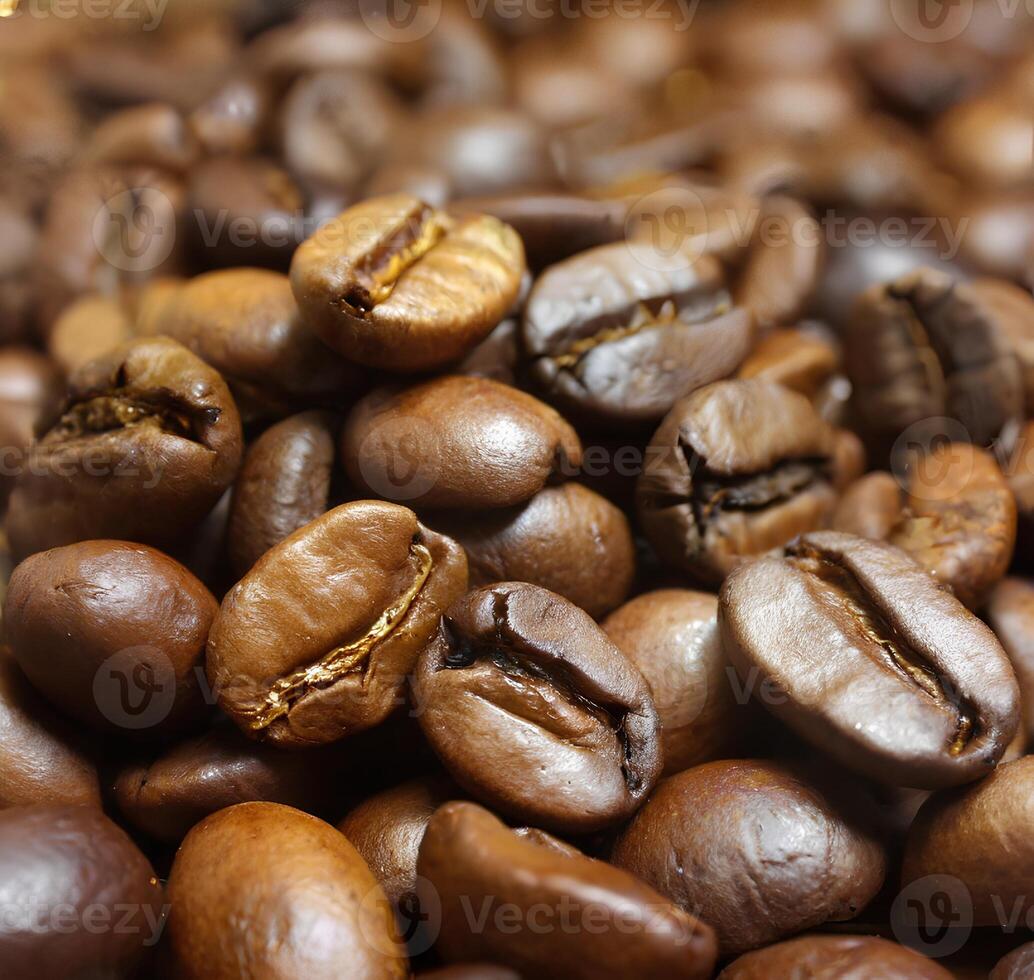 Roasted coffee beans in warm lighting with a close-up view photo