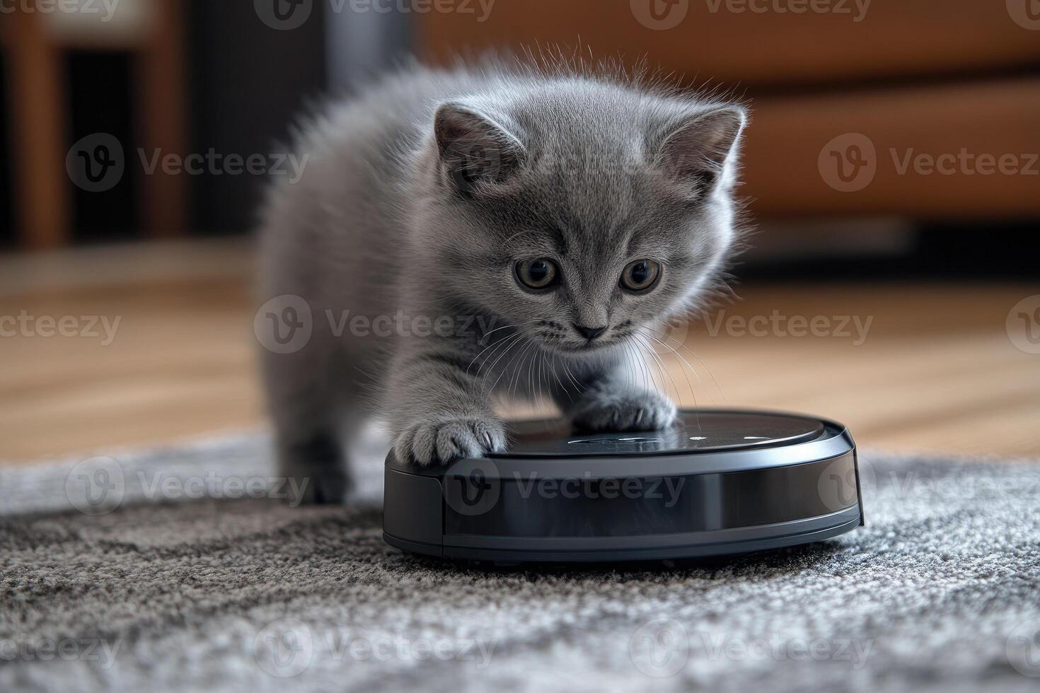 Curious kitten playing with robotic vacuum cleaner on carpet. photo