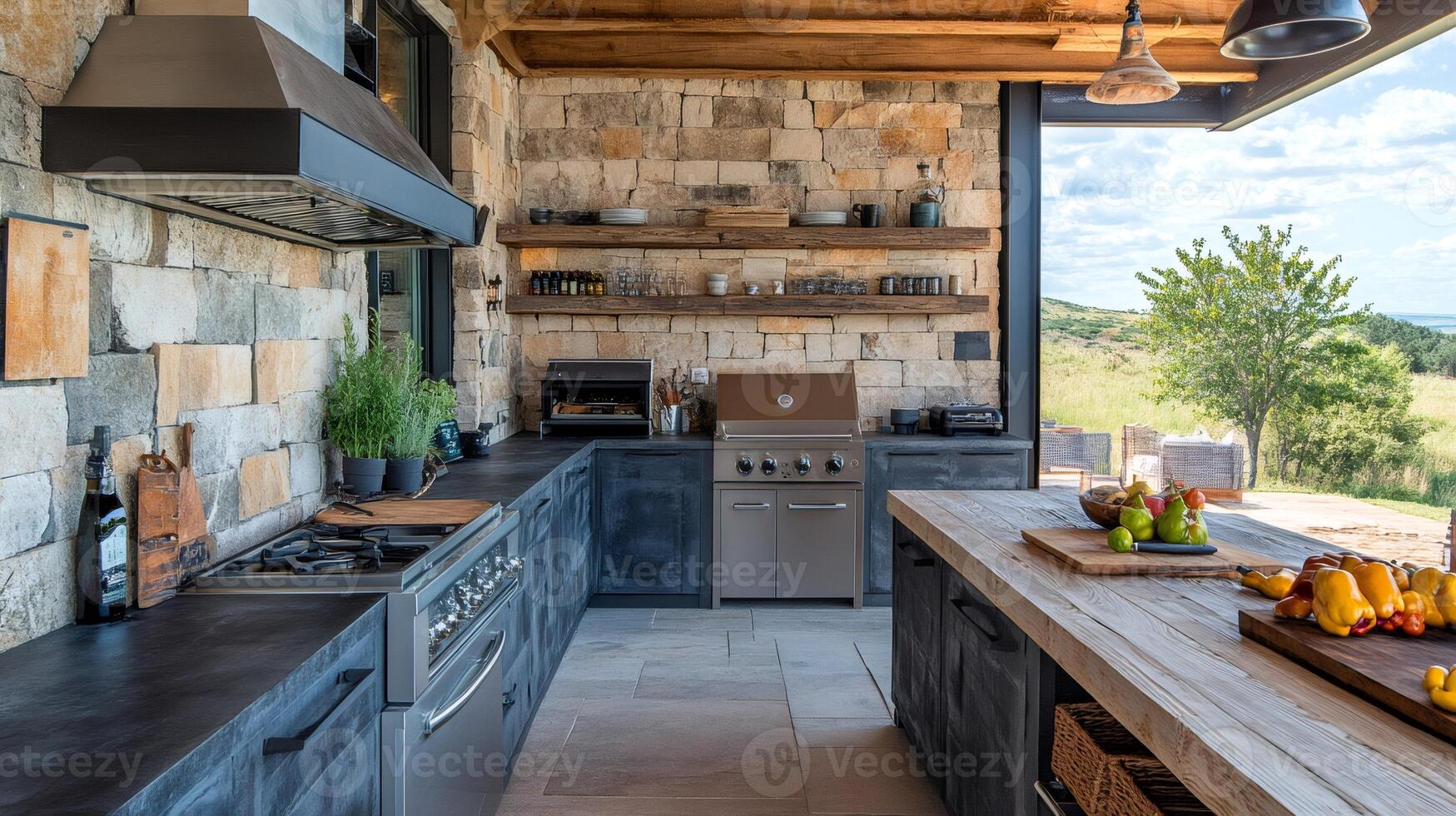 Luxurious outdoor kitchen featuring stone wall and modern appliances in rustic setting photo