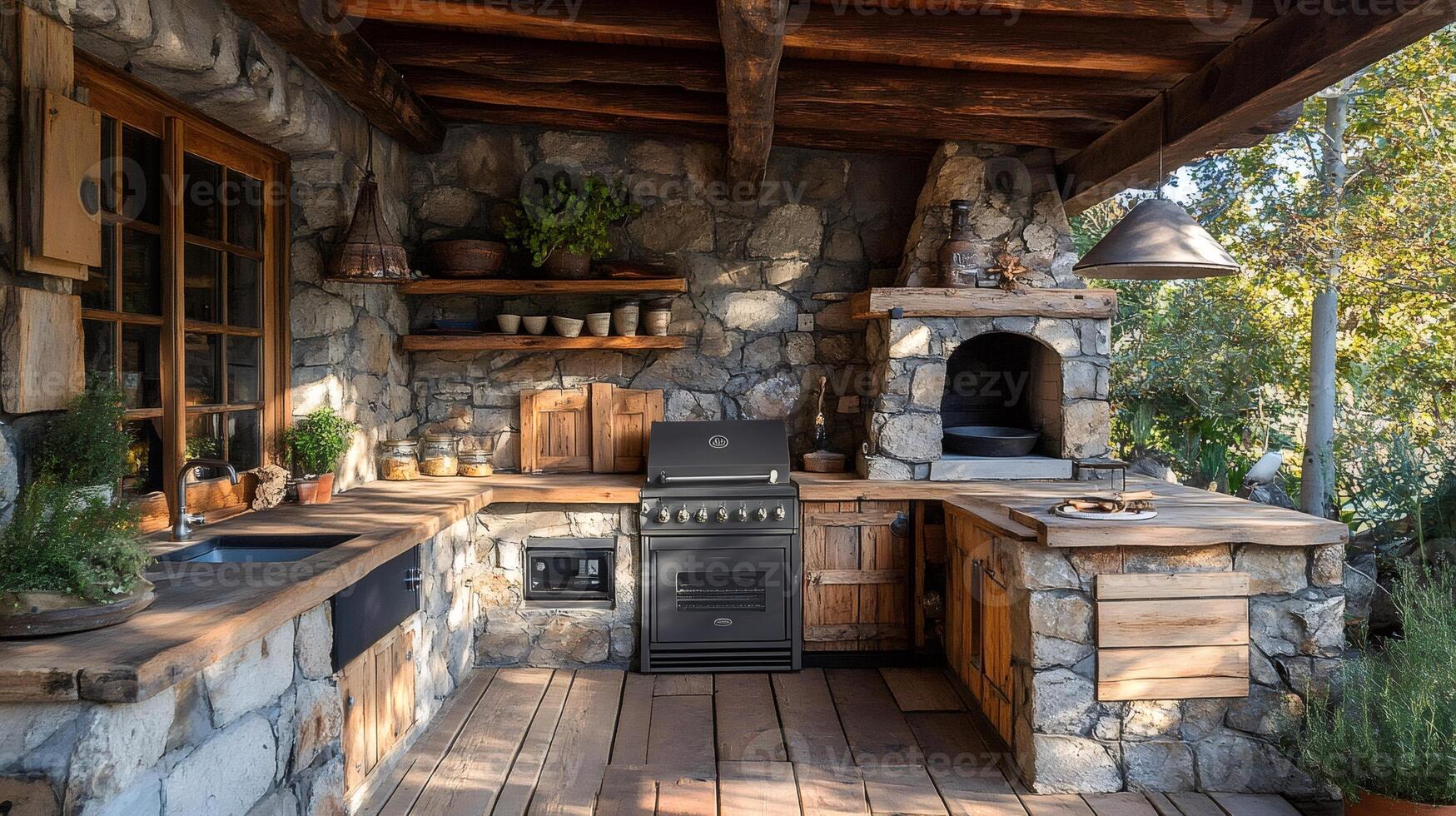 Outdoor rustic kitchen embracing nature's charm in a cozy setting photo