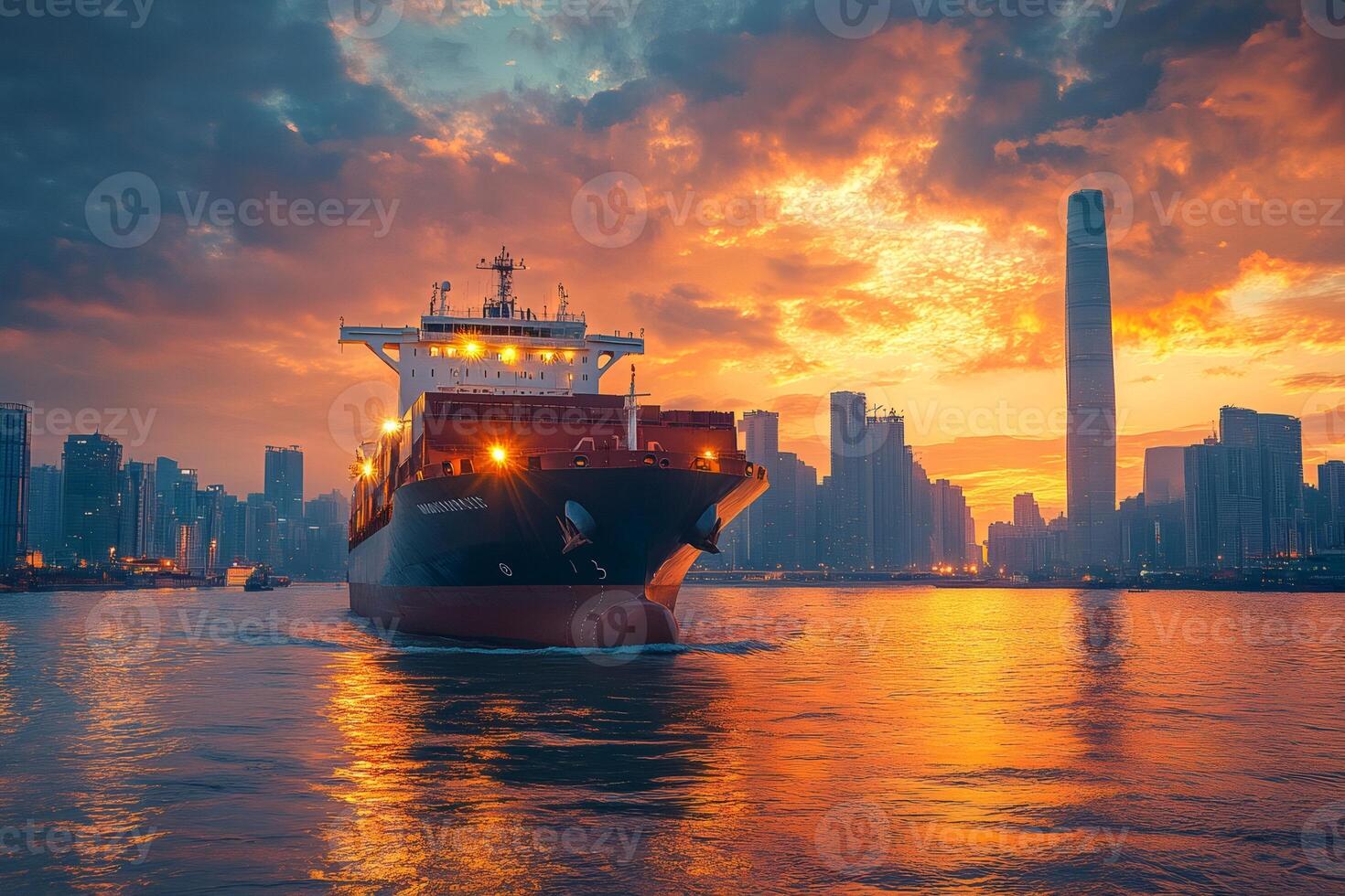 Cargo ship sailing at sunset in shenzhen bay, china photo