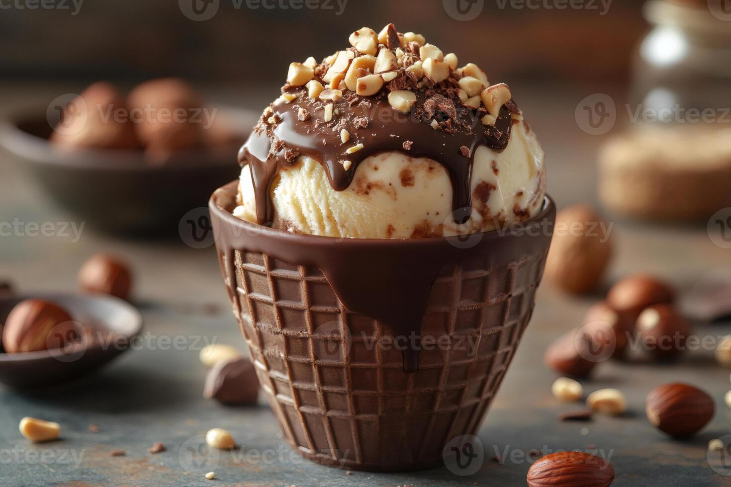 Delicious vanilla ice cream dripping with chocolate and topped with nuts in a waffle cup photo