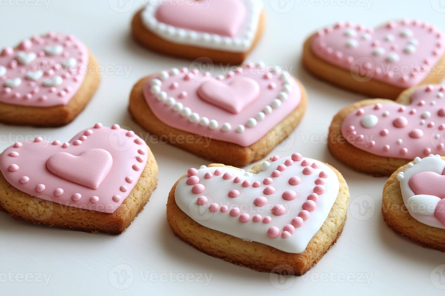 Heart shaped cookies decorated with pink and white icing celebrating valentine's day photo