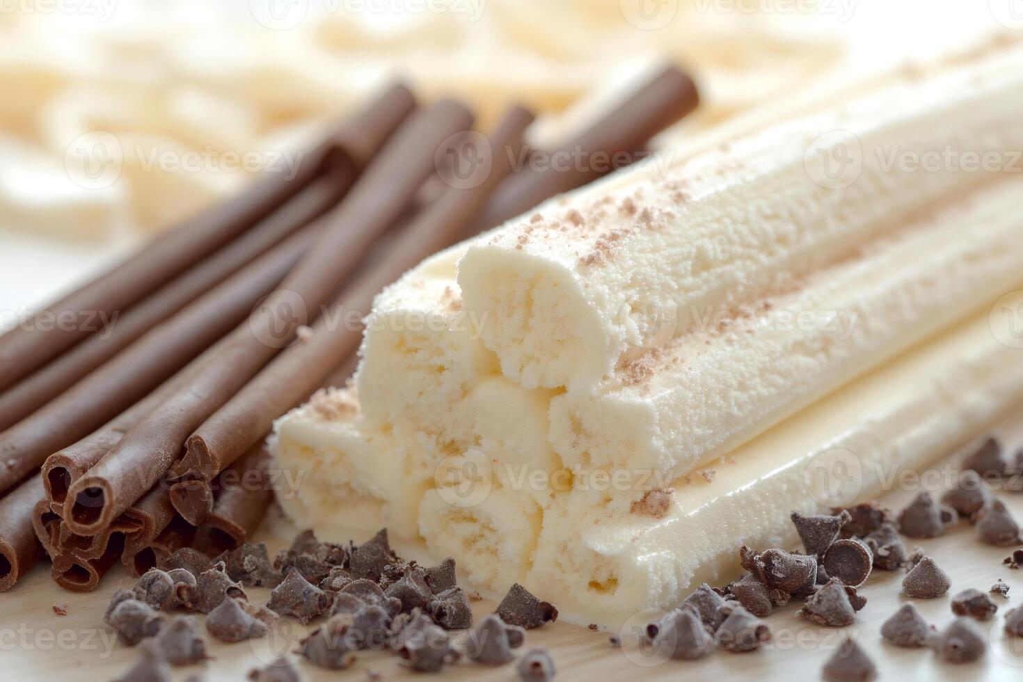 Vanilla ice cream with chocolate sticks and chocolate chips sprinkled with cocoa powder photo