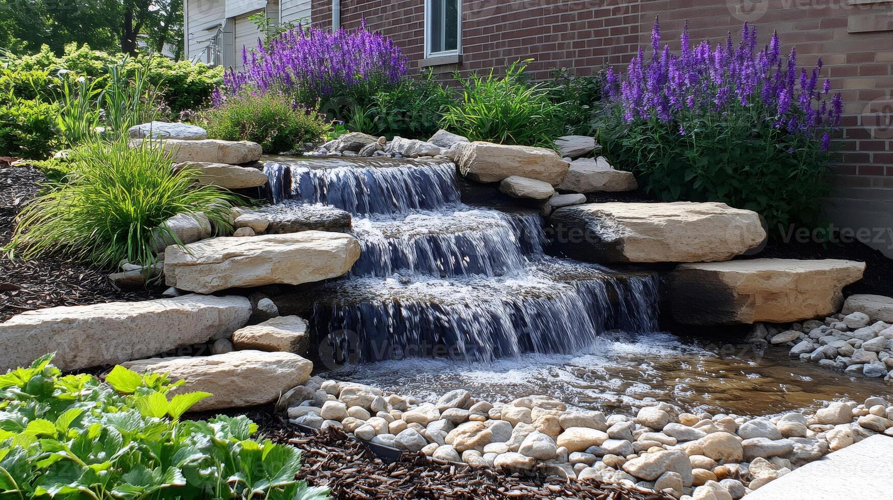 Decorative waterfall cascading down rocks in a landscaped garden photo
