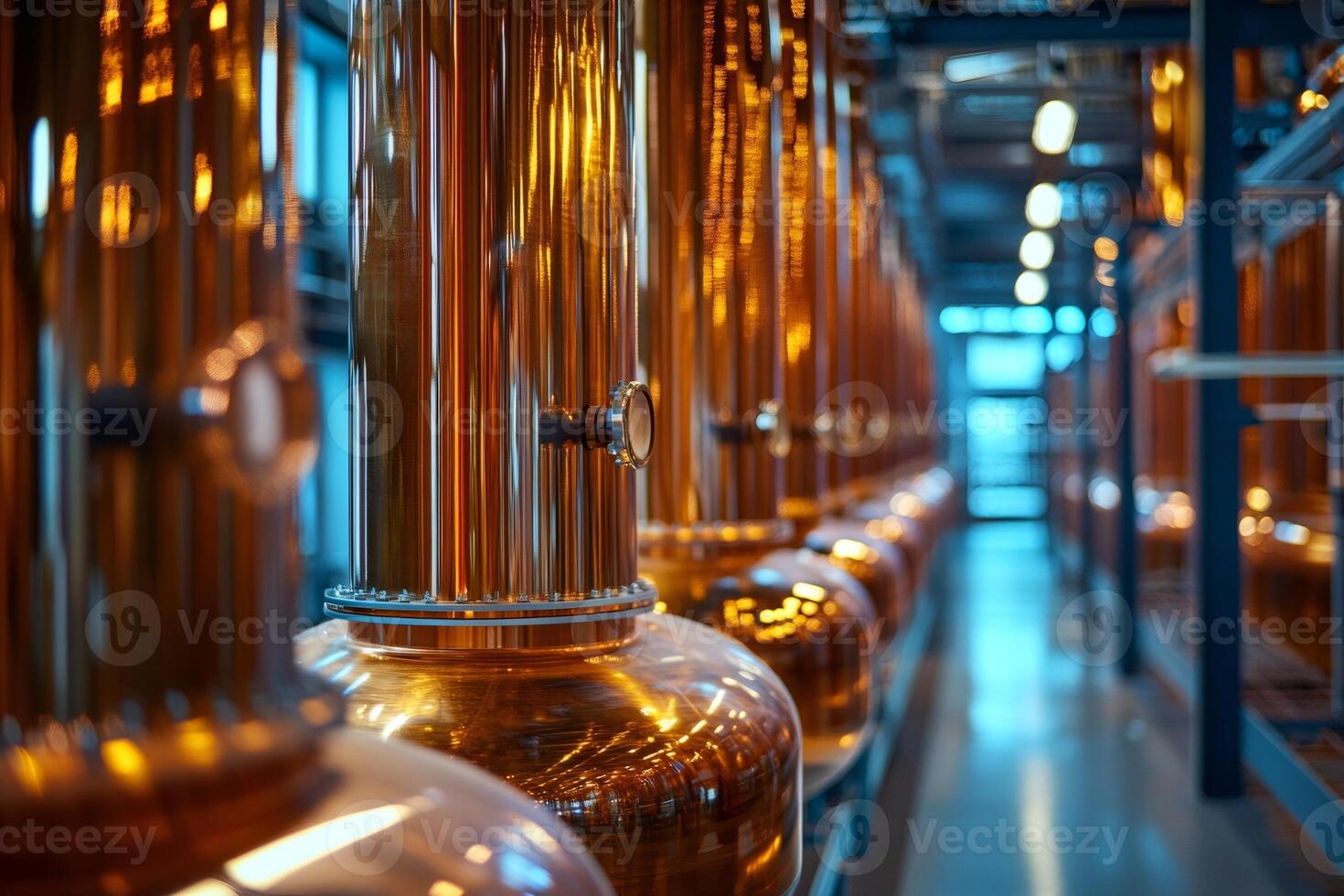 Copper stills shining in a distillery producing alcoholic beverages. photo
