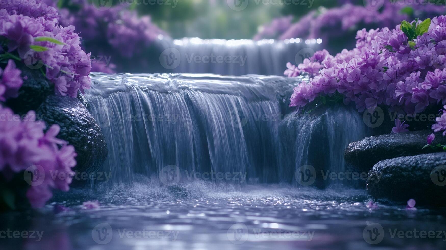 Small waterfall flowing between purple flowers and rocks in a relaxing japanese garden photo