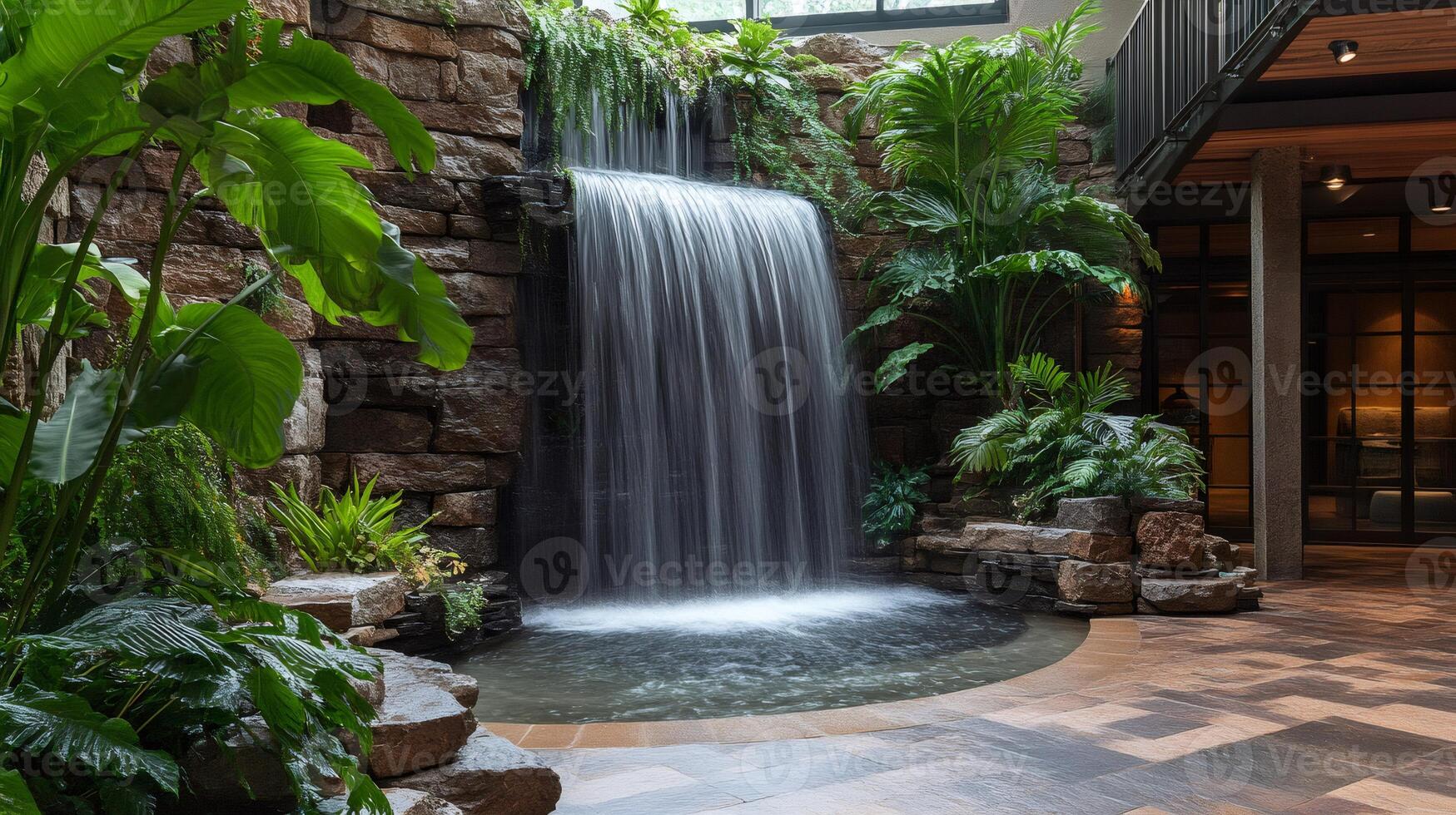 Relaxing waterfall cascading into tranquil pond in lush indoor garden photo