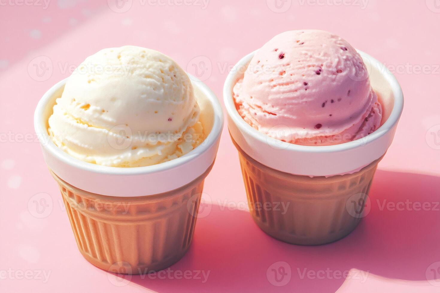 Two scoops of ice cream resting on a pink background in waffle cups photo
