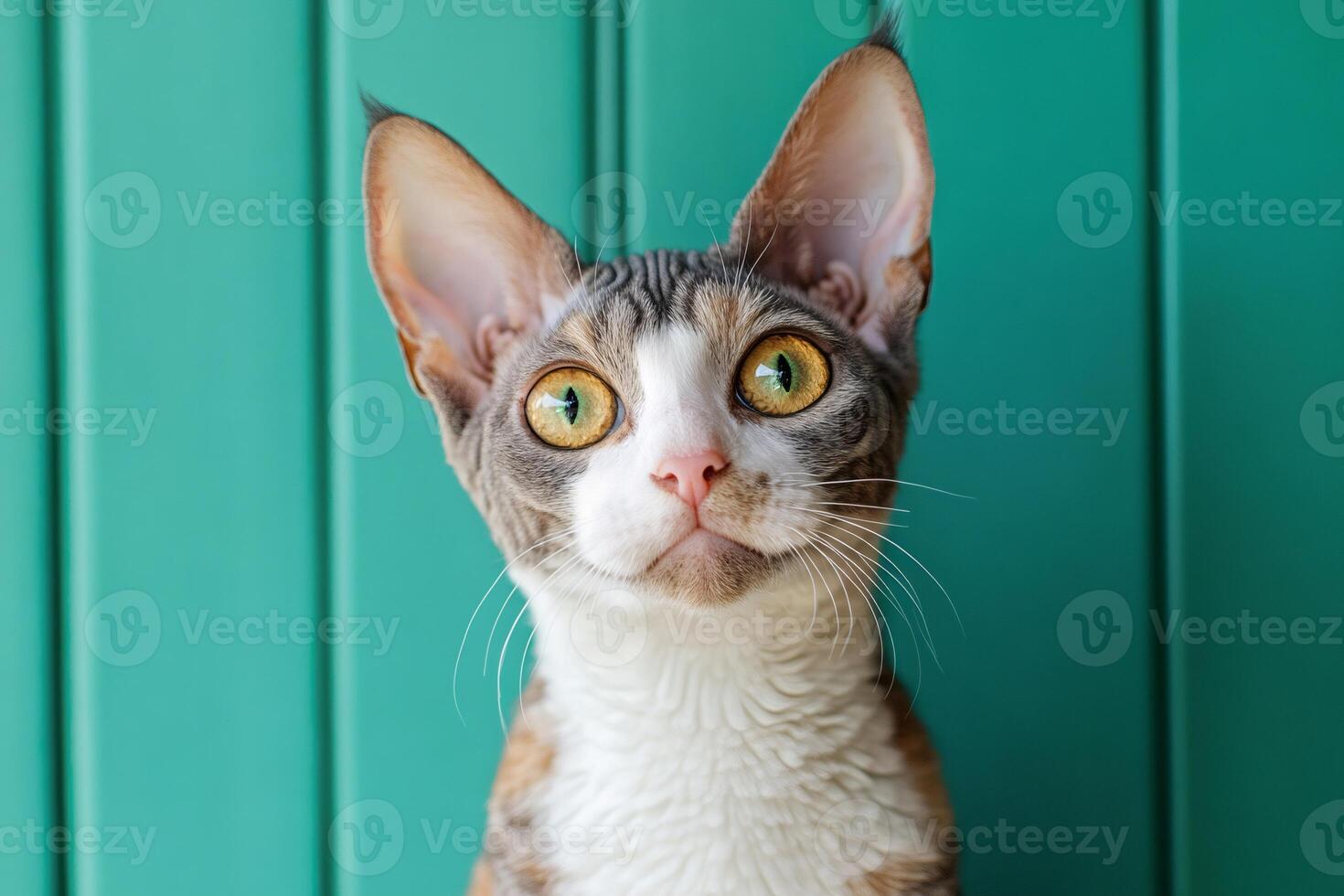 Curious cornish rex cat posing on green background photo