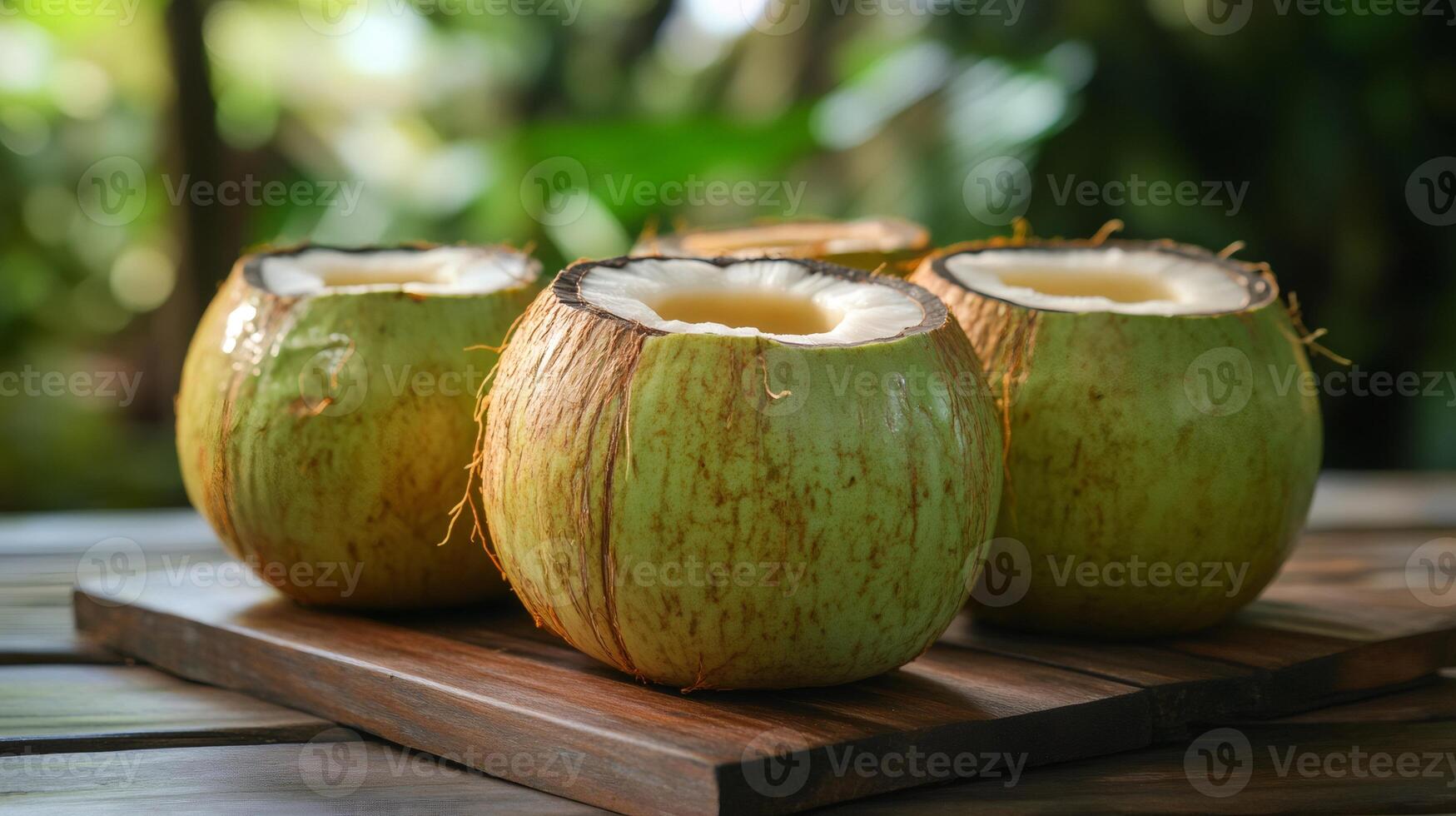 Fresh green coconuts showing delicious coconut water on wooden table in tropical forest photo