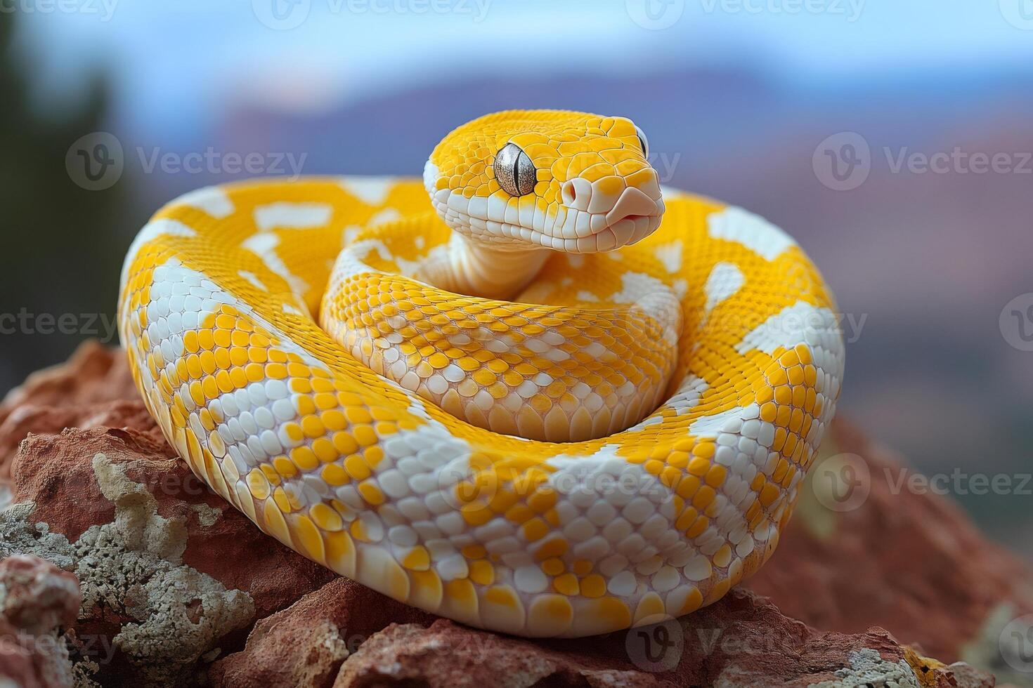 Yellow and white python resting on a rock photo