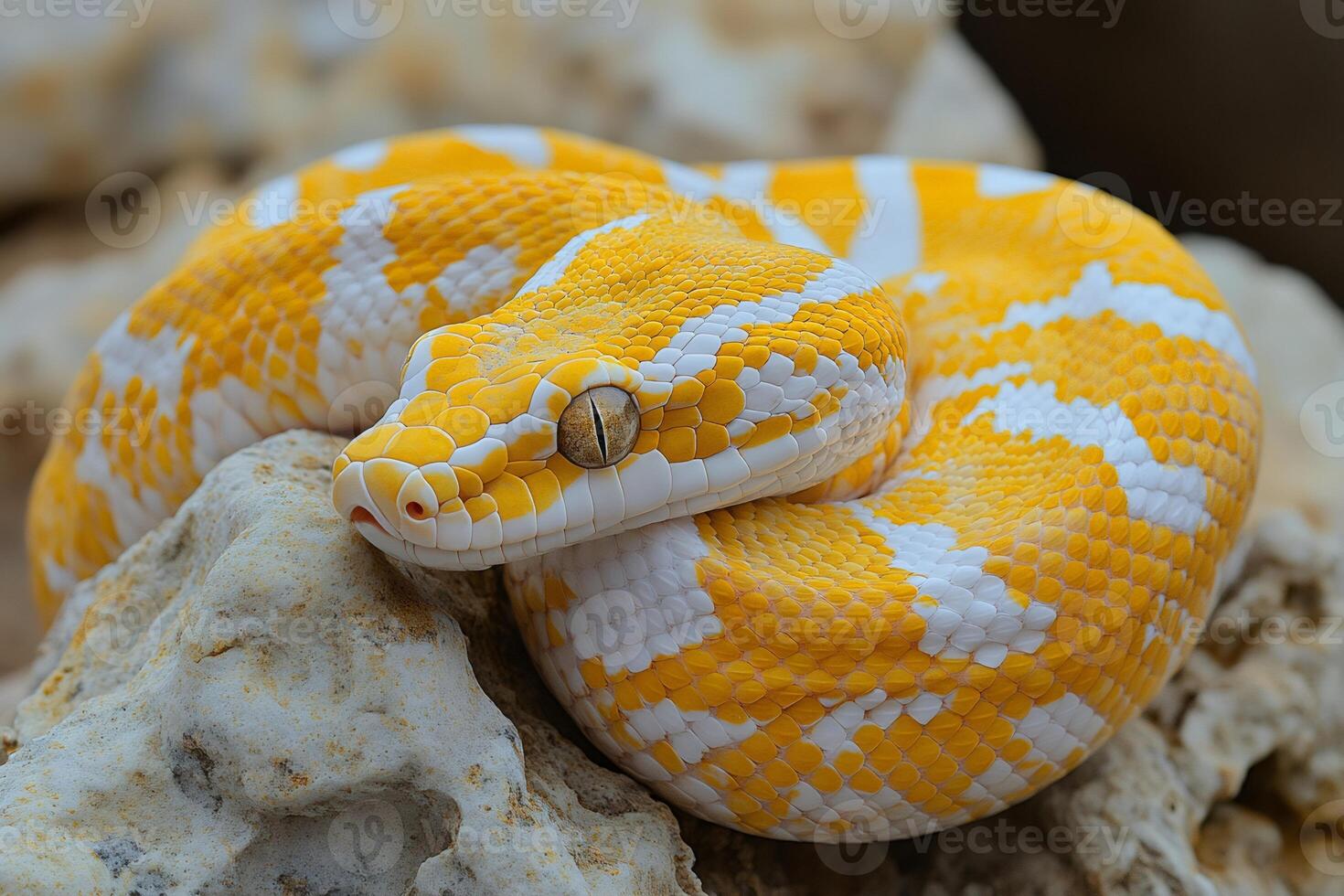 Yellow and white python resting on rocks photo