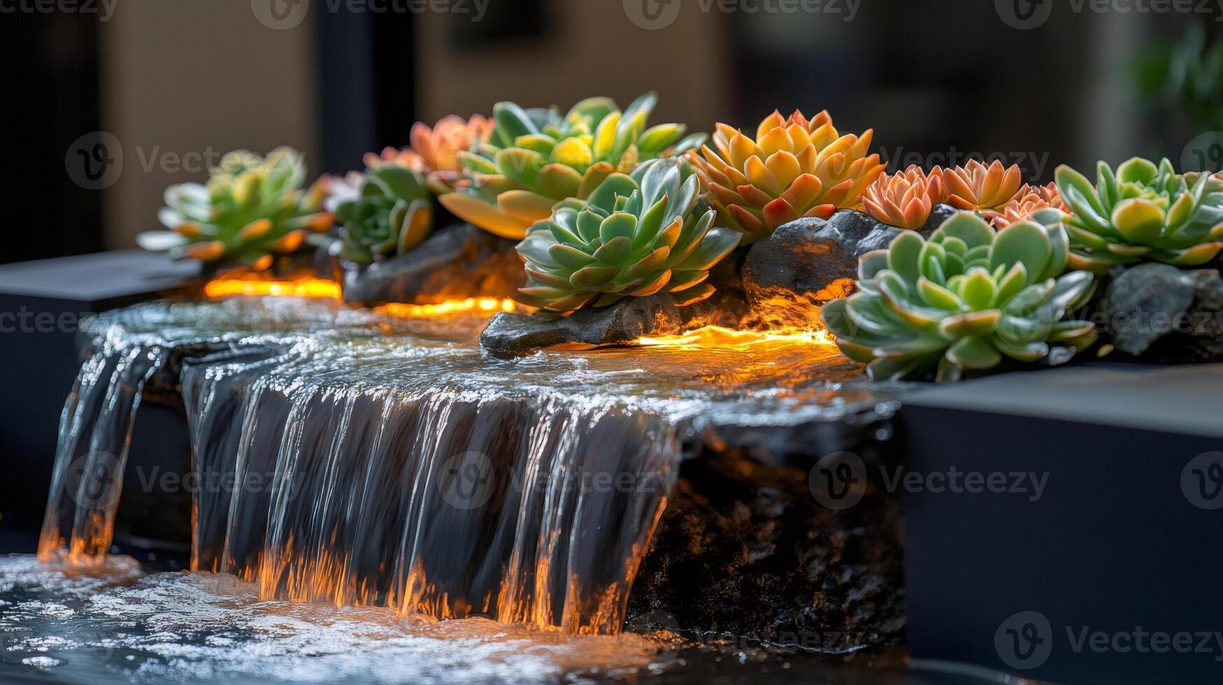 Small waterfall cascading over rocks with succulents and warm led lights photo