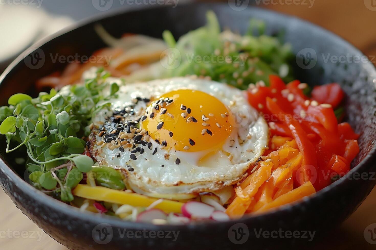 Delicious bibimbap bowl with fried egg and sesame seeds is ready to be eaten photo