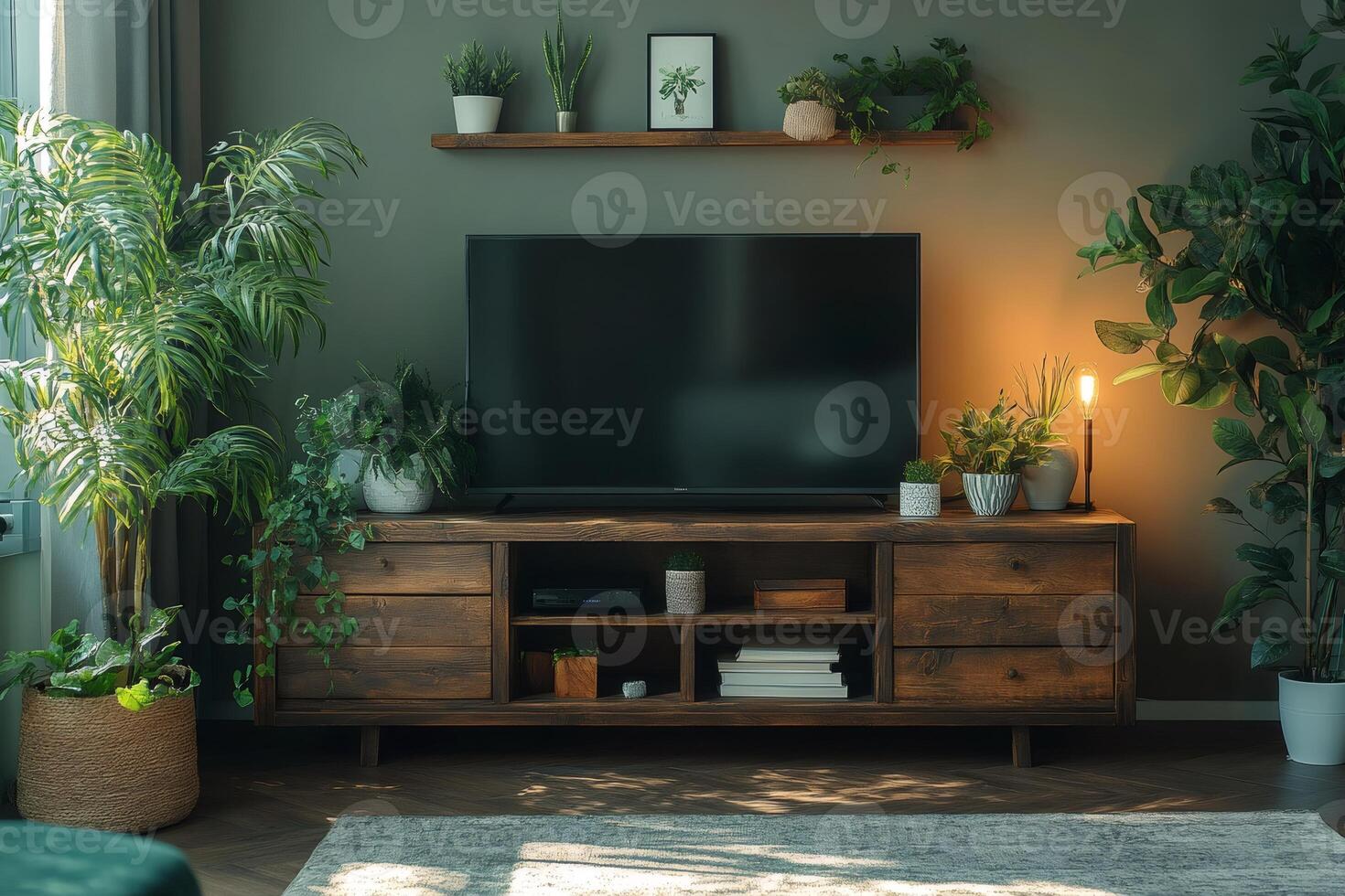 Modern living room decor featuring potted plants and wooden furniture photo