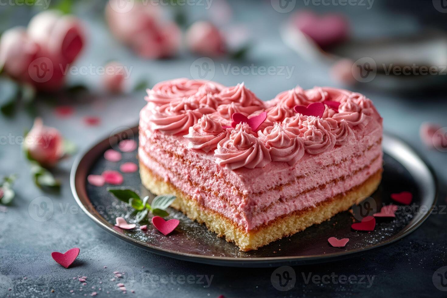Delicious heart shaped cake celebrating valentine's day with pink frosting and roses photo