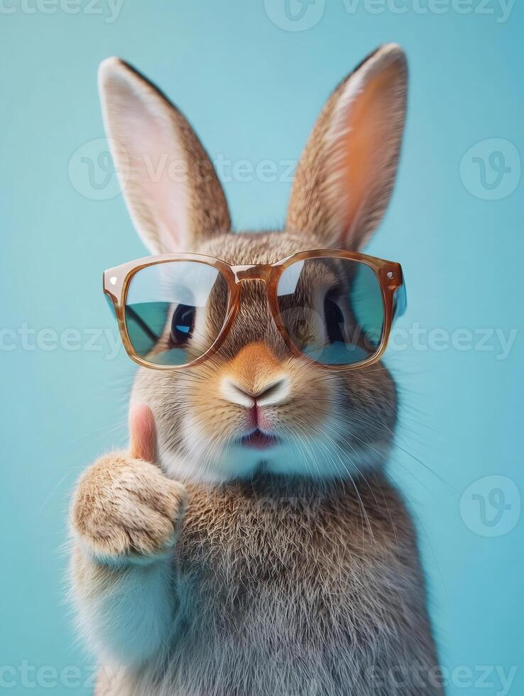 Cute brown bunny wearing sunglasses showing thumbs up sign on blue background photo