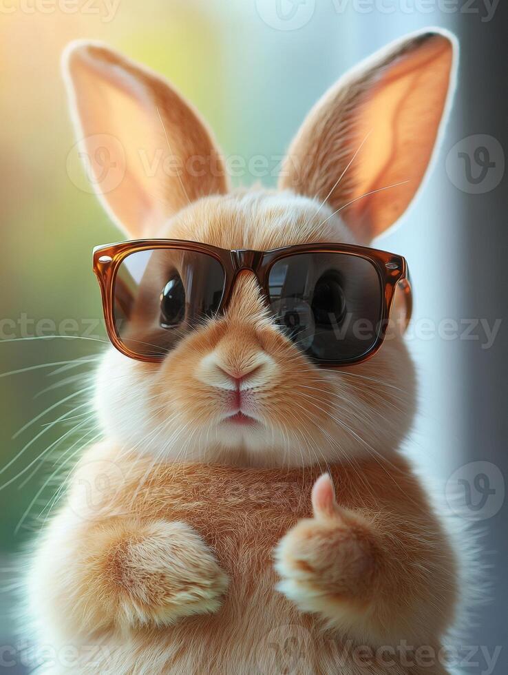 Cute rabbit wearing sunglasses showing thumbs up gesture photo