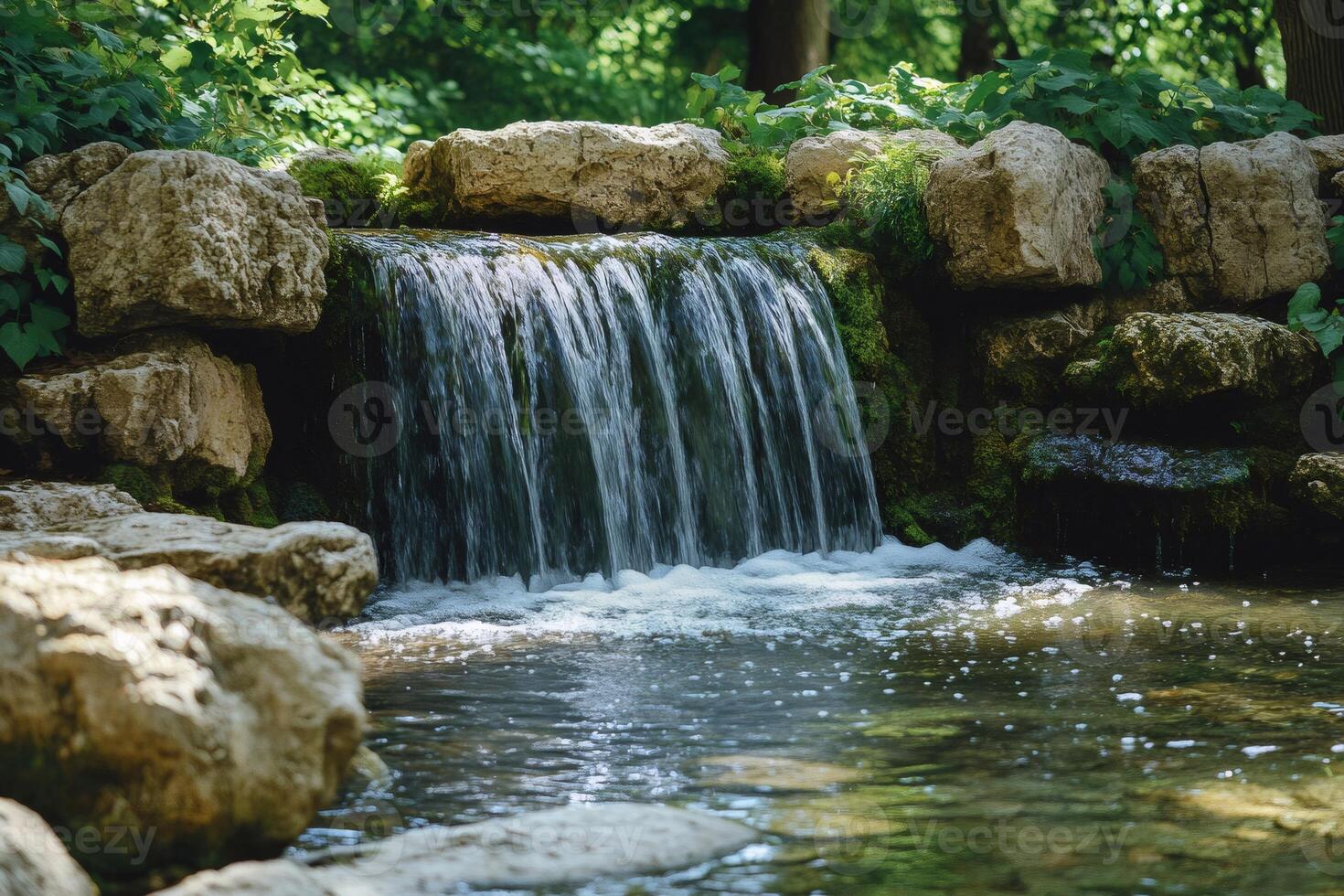 Pure fresh water cascading down rocks in lush green forest photo
