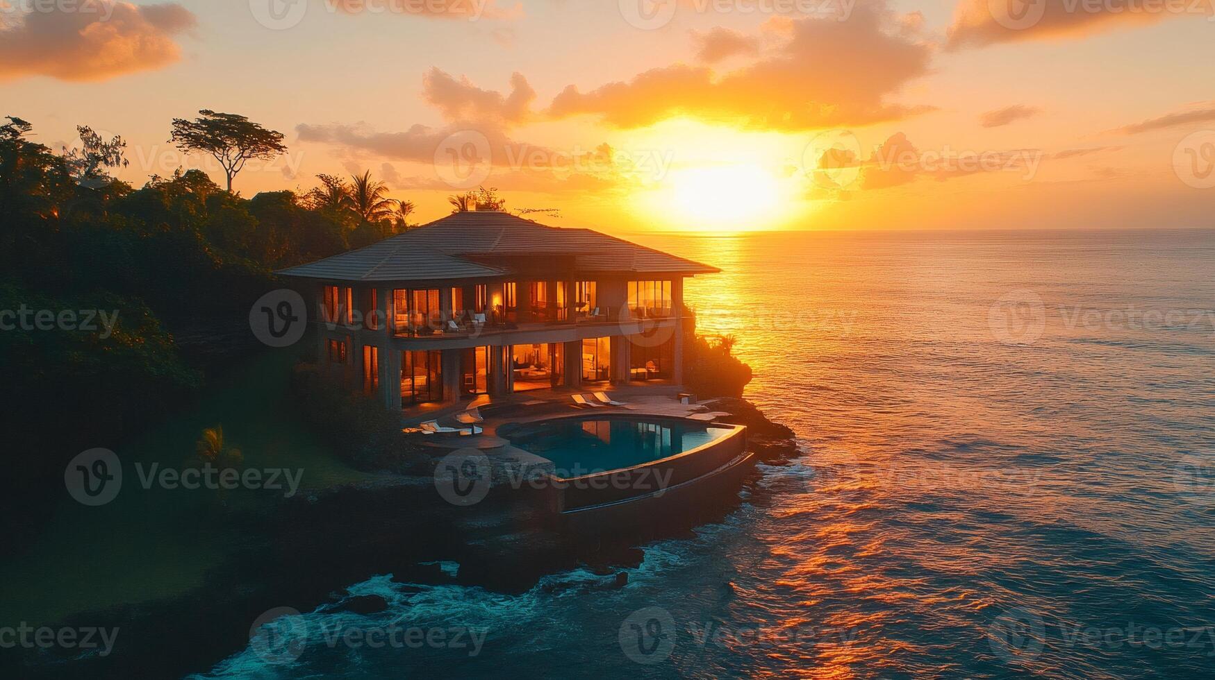 Luxurious oceanfront villa illuminated by golden sunset over tranquil sea photo