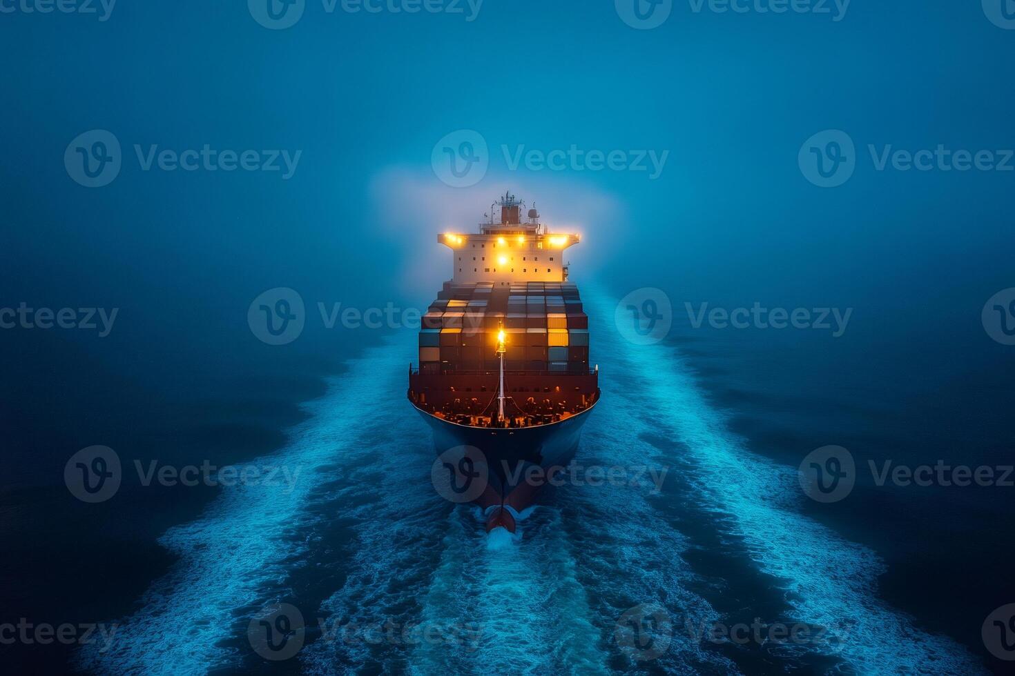 Large container ship sailing on open ocean at night photo