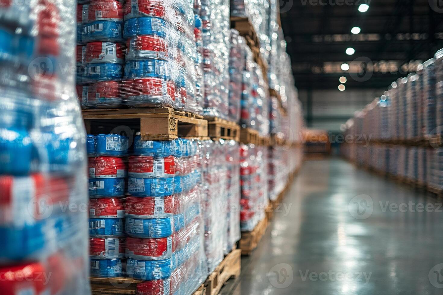 Packed goods sitting on pallets in distribution warehouse photo