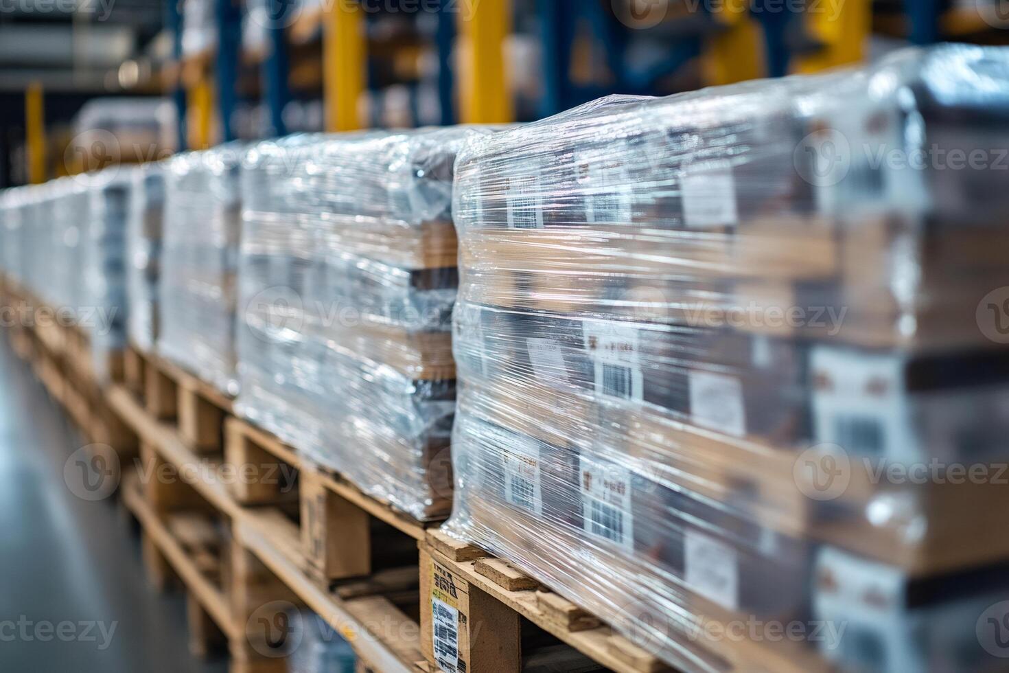 Packed goods sitting on wooden pallets in warehouse storage facility photo