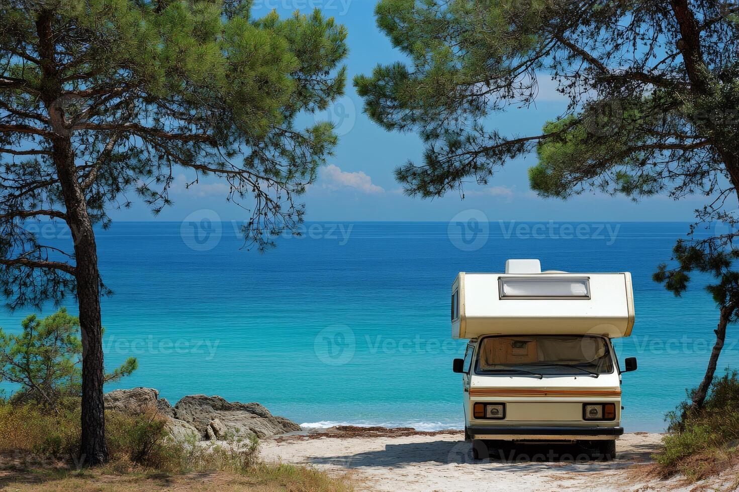 Camper van enjoying stunning ocean view on a sunny summer day photo